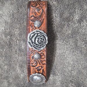 Brown Leather Bracelet with Silver Conchos Rose Accent Southwestern Boho Artsy